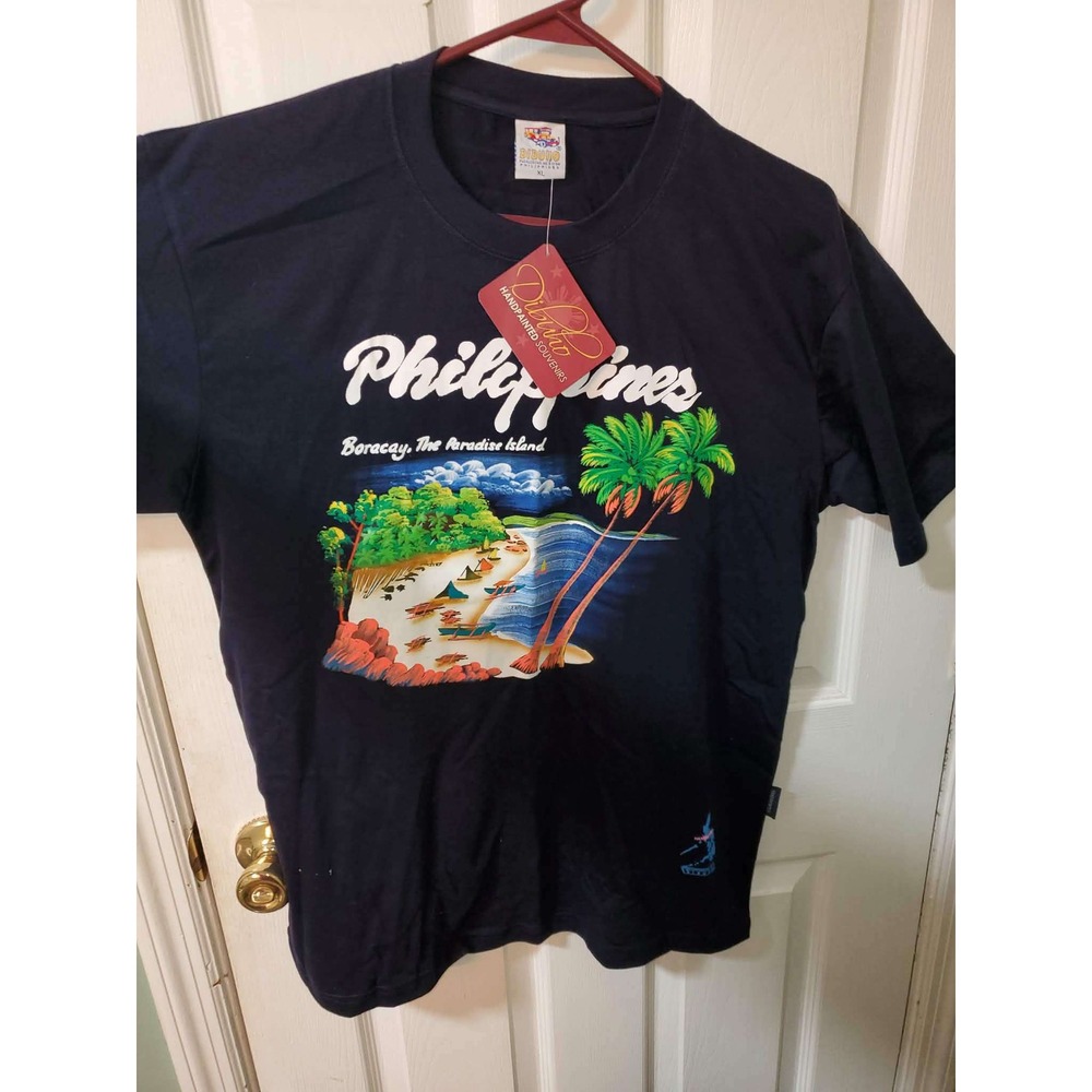 Dibuho Philippines Boracay Paradise Island Hand Painted T-Shirt Navy Blue XL NEW